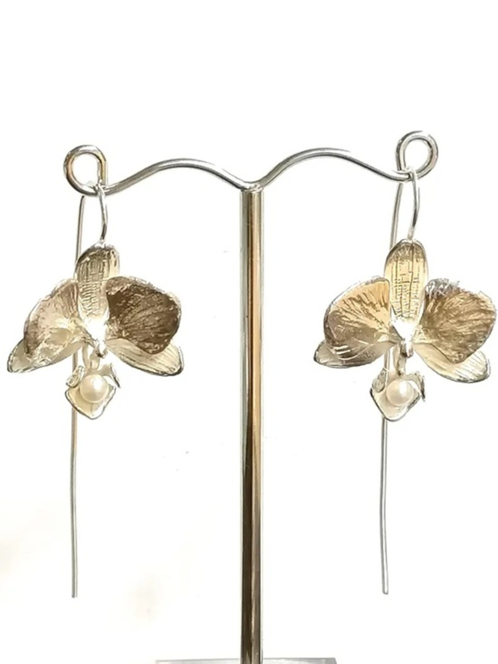 Silver Orchid Drop Earrings with Pearl Accent